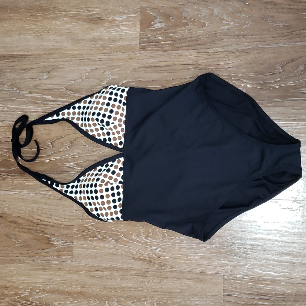 (12) AK Anne Klein One Piece Swimsuit Polka Dot Contemporary Resortwear Vacation